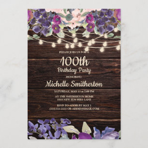 100th Birthday Rustic String Light Purple Floral Invitation