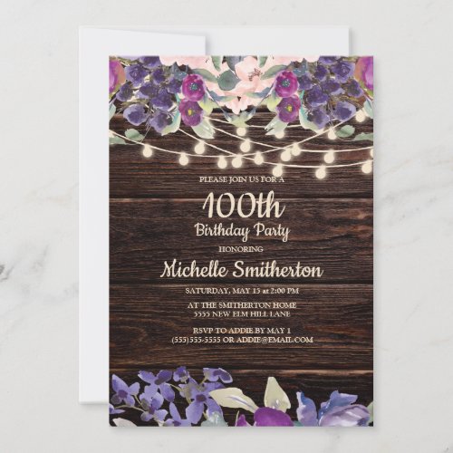 100th Birthday Rustic String Light Purple Floral Invitation