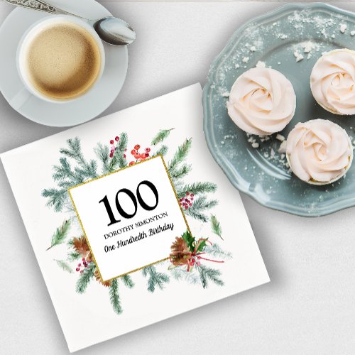 100th Birthday Rustic Winter Greenery Red Bow Napkins
