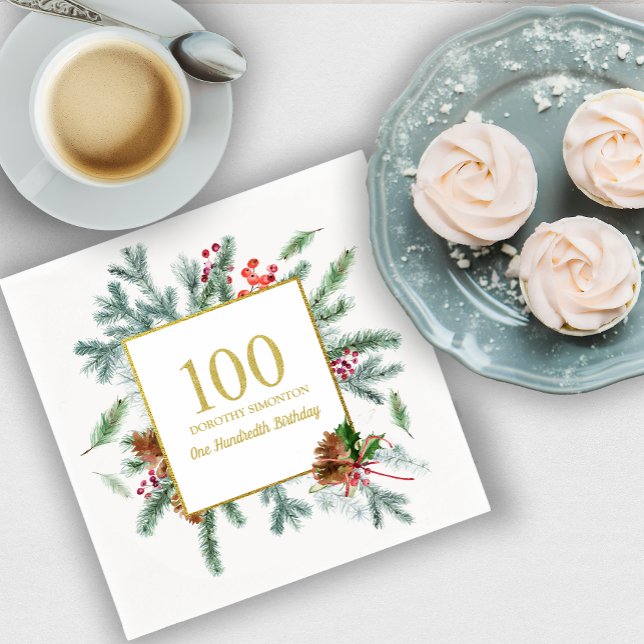 100th Birthday Rustic Winter Greenery Red Bow Napkins (Creator Uploaded)