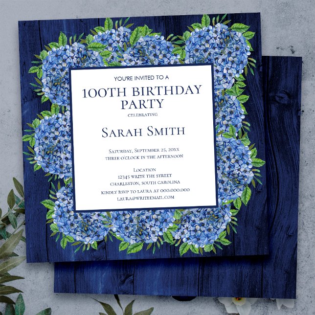 100th Birthday Rustic Wood Blue Hydrangeas Party Invitation (Creator Uploaded)
