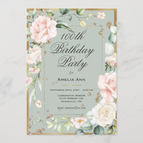 100th Birthday Sage Green Gold Watercolor Floral  Invitation