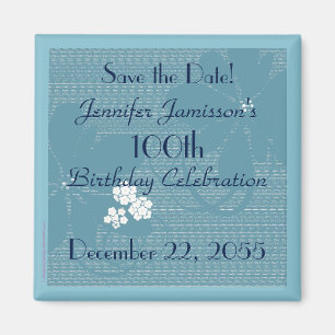 100th Birthday Save the Date Blue Floral Magnet