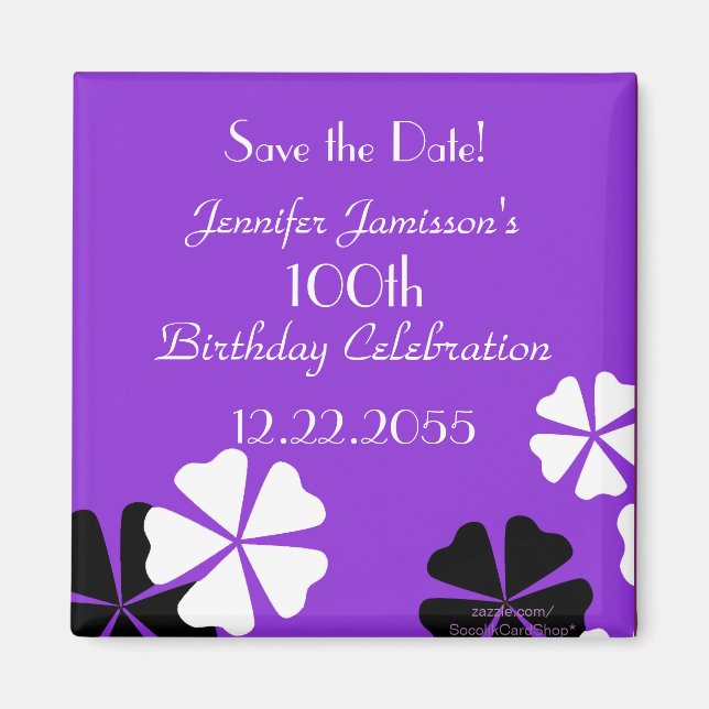 100th Birthday Save the Date Purple Floral Magnet (Front)