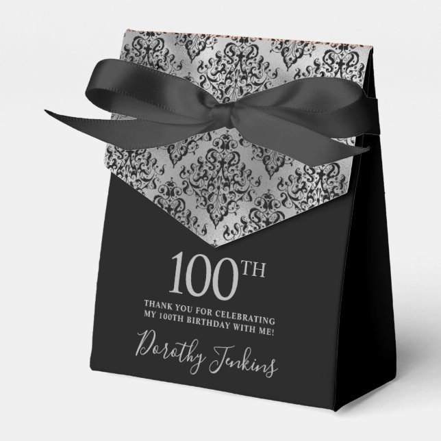 100th Birthday Silver Damask Thank You Favor Boxes (Front Side)