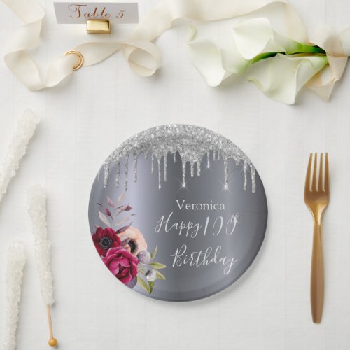 100th birthday silver floral burgundy name paper plates