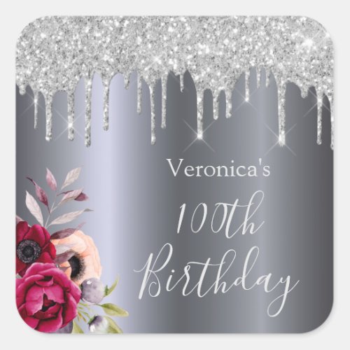 100th birthday silver floral burgundy name square sticker