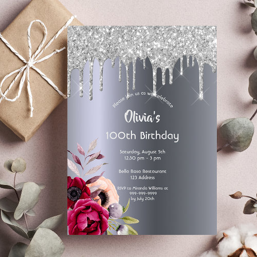 100th birthday Silver glitter drip burgundy floral