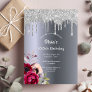 100th birthday Silver glitter drip burgundy floral Invitation