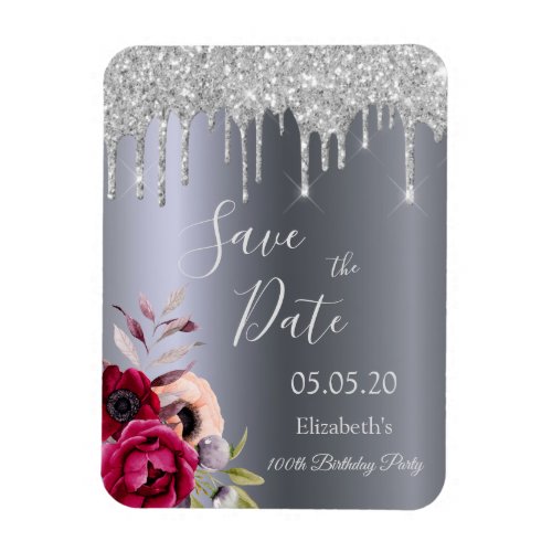 100th birthday silver glitter drips Save the Date Magnet