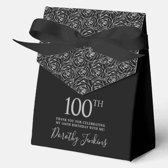 100th Birthday Silver Glitter Roses Thank You  Favor Boxes (Front)