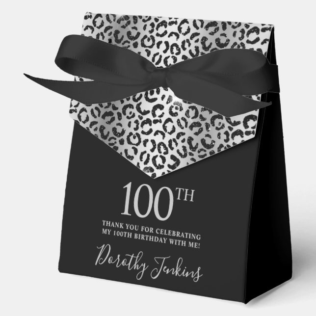 100th Birthday Silver Leopard Print Thank You  Favor Boxes (Front)