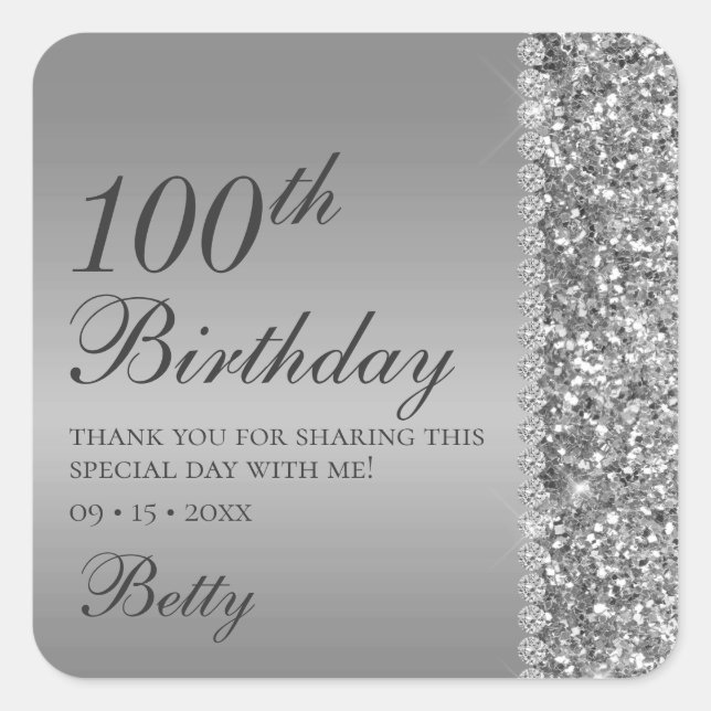100th Birthday Silver Square Sticker (Front)