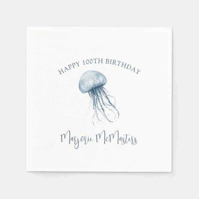100th Birthday Simple Coastal Jellyfish Custom Napkins (Front)
