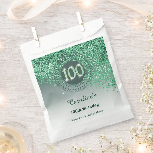 100th Birthday | Sparkling Green Gold Glitter Favor Bag (Clipped)