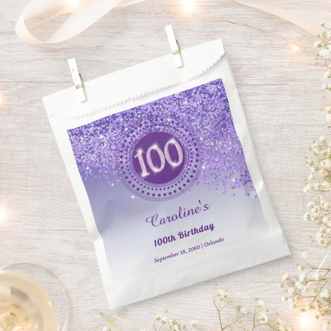100th Birthday | Sparkling Purple Gold Glitter Favor Bag (Clipped)
