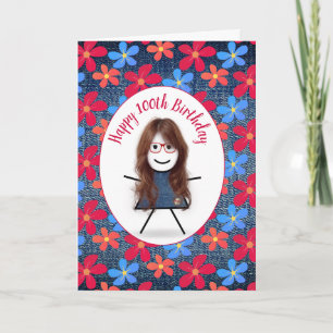 100th Birthday Stick Girl and Daisies On Denim Card