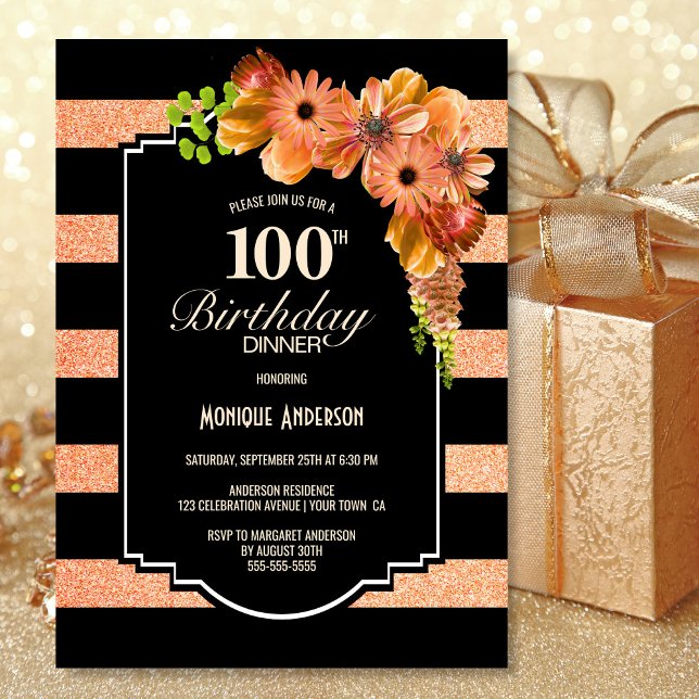 100th Birthday Striped Orange Floral Dinner Party Invitation (Creator Uploaded)