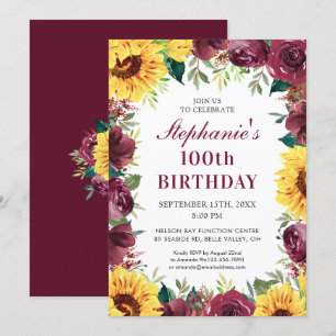 100th Birthday Sunflower Burgundy Rose Border Invitation