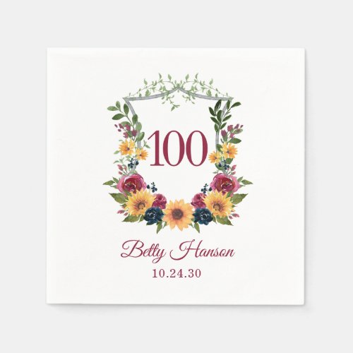 100th Birthday Sunflower Crest Napkins