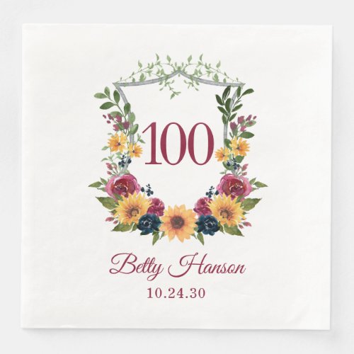 100th Birthday Sunflower Crest Paper Dinner Napkins