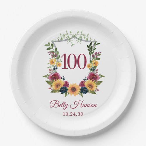 100th Birthday Sunflower Crest Paper Plates