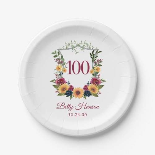 100th Birthday Sunflower Crest Paper Plates