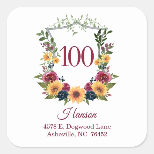 100th Birthday Sunflower Crest Return Address Square Sticker