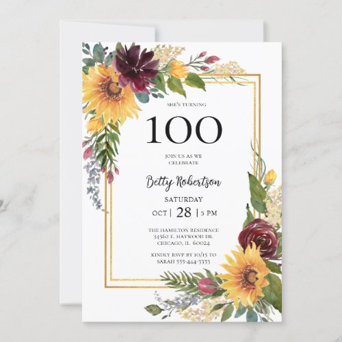 100th Birthday Sunflowers Invitation