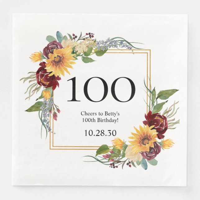 100th Birthday Sunflowers Paper Dinner Napkins (Front)