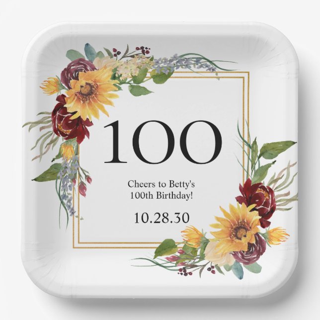 100th Birthday Sunflowers Paper Plates (Front)