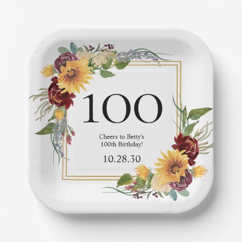 100th Birthday Sunflowers Paper Plates