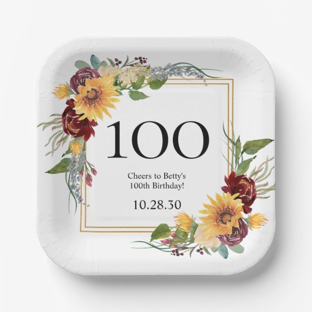 100th Birthday Sunflowers Paper Plates (Front)
