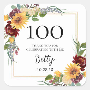 100th Birthday Sunflowers Thank You Square Sticker