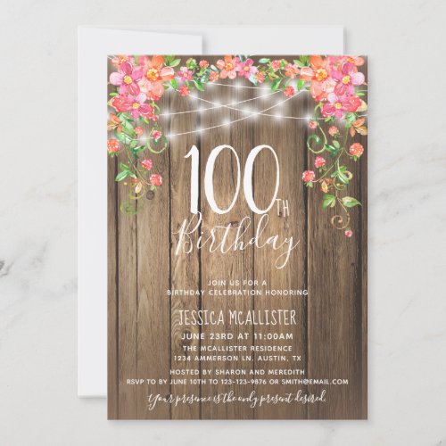 100th Birthday Surprise Brunch Rustic Floral Wood Invitation