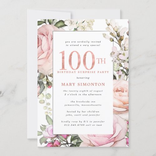 100th Birthday Surprise Party Blush Pink Floral Invitation