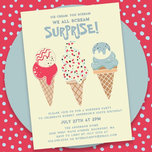 100th Birthday Surprise Party Ice Cream Cone  Invitation