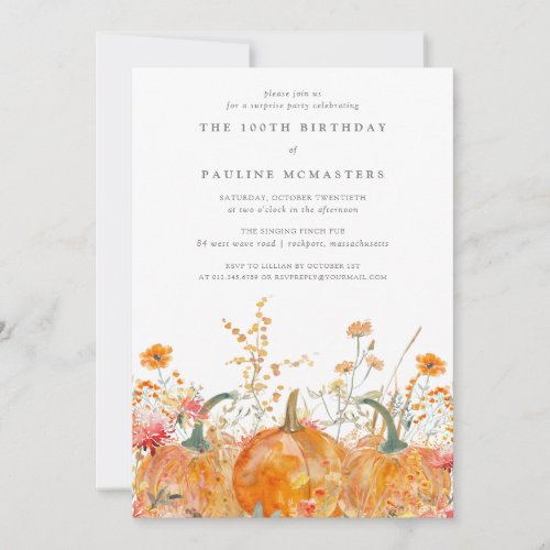 100th Birthday Surprise Party Pumpkin Wildflower Invitation