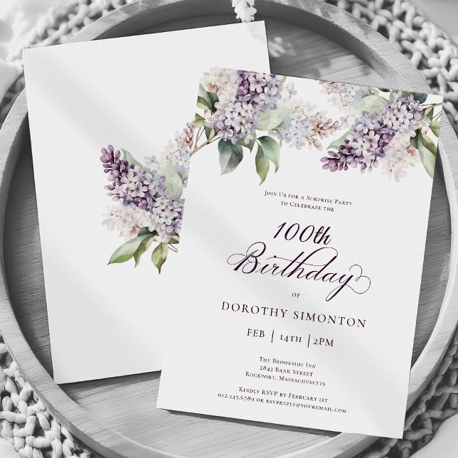 100th Birthday Surprise Party Purple Lilac Flower Invitation (Creator Uploaded)