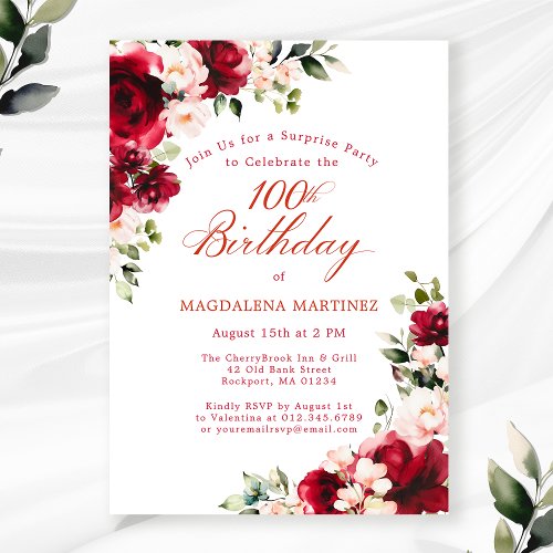 100th Birthday Surprise Party Red Pink Floral Invitation