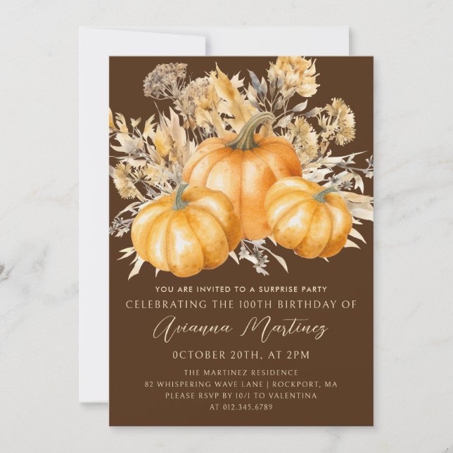 100th Birthday Surprise Party Rustic Boho Pumpkin Invitation (Front)