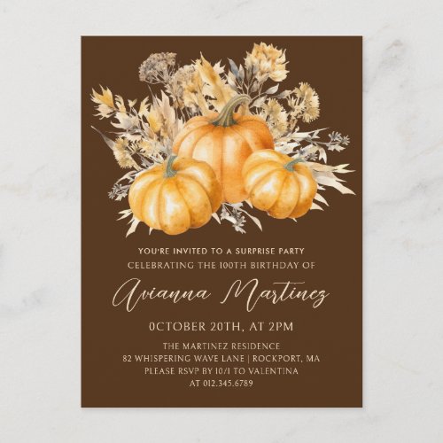 100th Birthday Surprise Party Rustic Boho Pumpkin Invitation Postcard