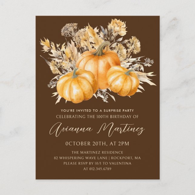 100th Birthday Surprise Party Rustic Boho Pumpkin Invitation Postcard (Front)