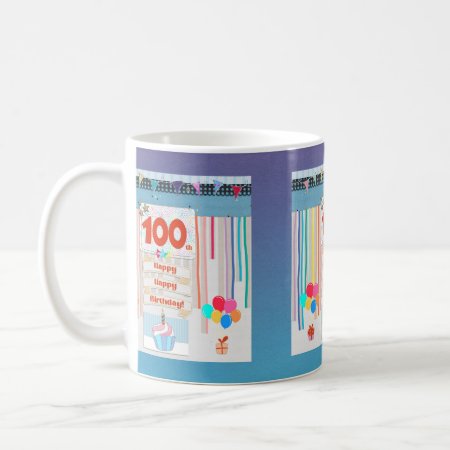 100th Birthday Tag, Cupcake, Candle, Balloons Coffee Mug
