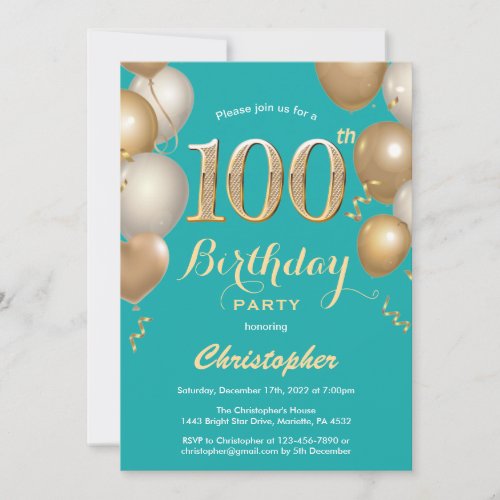 100th Birthday Teal and Gold Balloons Confetti Invitation