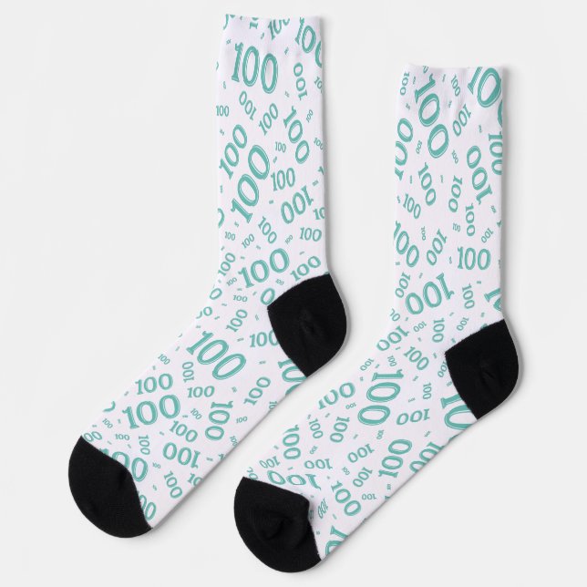 100th Birthday Teal Random Number Pattern Socks (Left)