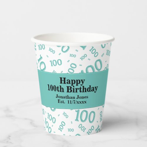 100th Birthday TealWhite Random Number Pattern Paper Cups