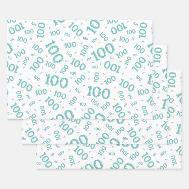100th Birthday Teal/White Random Number Pattern Wrapping Paper Sheets (Set)
