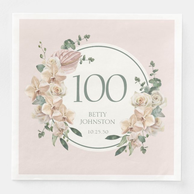 100th Birthday Tropical Floral Paper Dinner Napkins (Front)