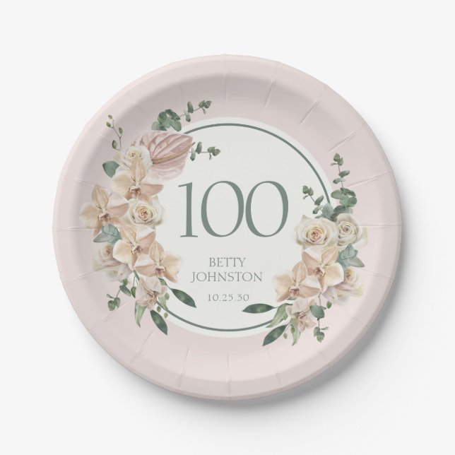100th Birthday Tropical Floral Paper Plates (Front)